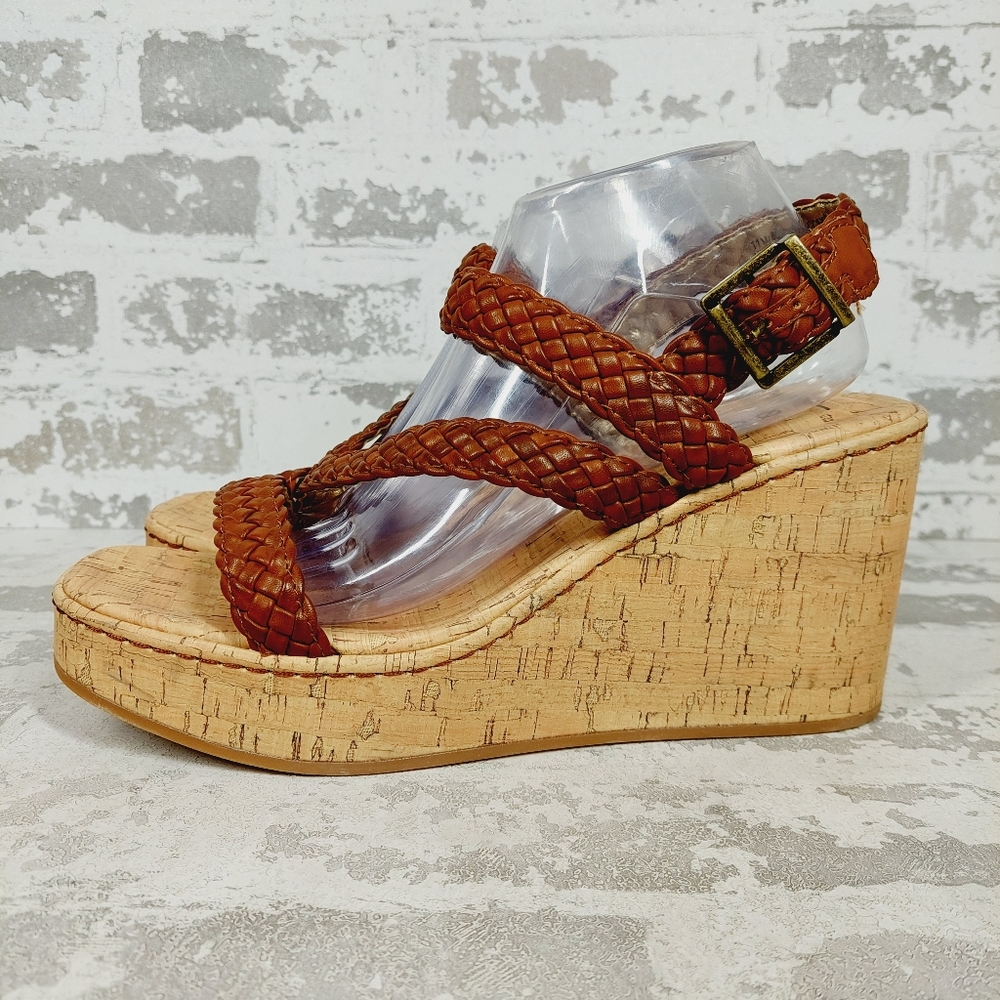 NEW BOC Born Concept Chrissy Brown Braided Cork Wedges Sandals W40